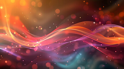 A vibrant abstract background featuring flowing waves and glowing particles.