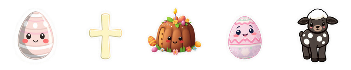 Obraz premium Easter PNG Set, Decorative Stickers with Rabbit, Lamb, Egg, Pie and Cross, Cute Style