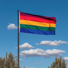 Vibrant Flag Against Blue Sky with Fluffy Clouds