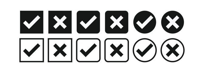 Check mark and cross icon black and white. Checkbox icon with true and false buttons or yes or no check mark icon. Isolated black and white check cross mark, right and wrong sign concept.