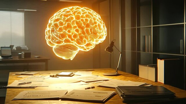 Illuminated brain concept symbolizing innovation and creativity in a modern workspace during daylight hours