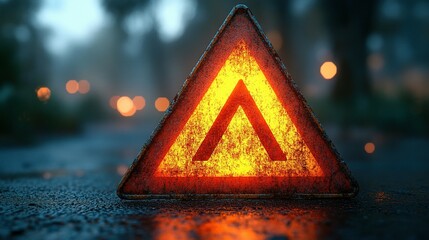 Rusty Triangle Warning Sign On Wet Road