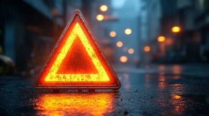 Illuminated Warning Triangle Sign In Rainy City Street