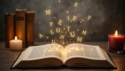 Open poetry book with floating letters and candlelight, artistic digital painting, World Book Day