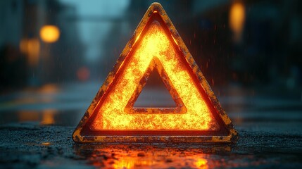Glowing Triangle Warning Sign in Rain