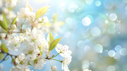 A close-up of white blossoms against a soft, dreamy background of light bokeh.