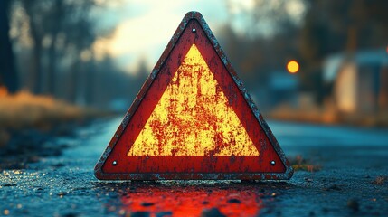 Rusty Triangle Warning Sign On Road
