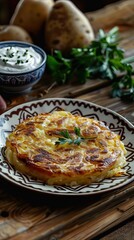 Potato rosti with chives on wooden table. Traditional Swiss dish. Selective focus. AI generated illustration