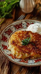 Potato rosti with chives on wooden table. Traditional Swiss dish. Selective focus. AI generated illustration