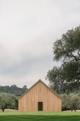 Obraz premium A charming wooden barn rests peacefully amid lush green grass and olive trees, all set beneath a beautifully overcast sky in the tranquil countryside