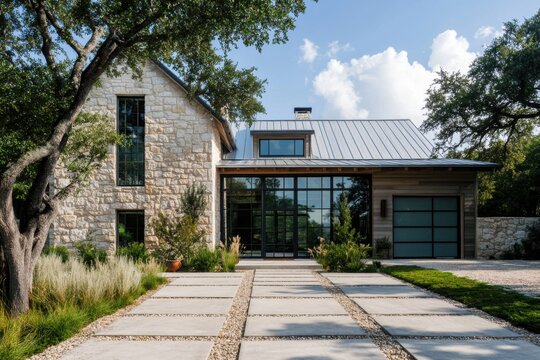 Modern architectural design of a stylish stone house in a serene outdoor setting with a landscaped driveway and lush greenery during daytime