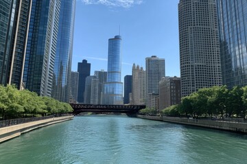 The city skyline, beautifully reflected in the river, highlights a stunning blend of modern architecture and vibrant urban greenery on a sunny day in downtown Chicago