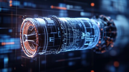 Digital blueprint highlighting rocket engine details projected on transparent display, revealing complex technical specifications within advanced technological environment