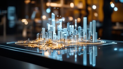 Holographic cityscape projection revealing smart urban infrastructure, glowing roadways emerging on interactive touchscreen, representing cutting edge digital metropolitan design