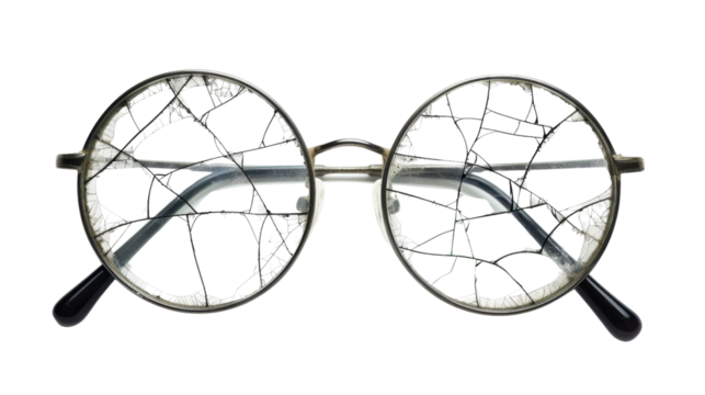 Broken eyeglasses with transparent background representing loss of vision