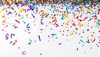 Colorful confetti and ribbons falling on white background