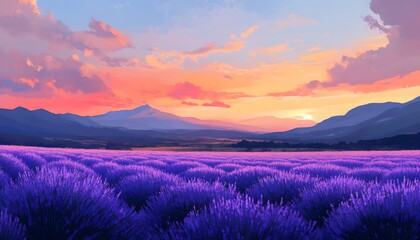 Fototapeta premium Lavender Field Sunset Mountain Landscape