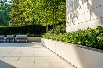 Serene outdoor space with green landscaping and seating area during golden hour reveals a peaceful retreat in an urban setting