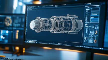 Computer screen showcasing detailed cad blueprint of sleek rocket engine, representing cutting edge aerospace engineering design and technological innovation