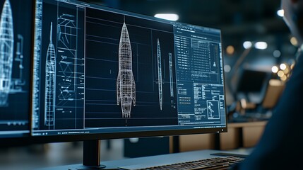 Engineer designing advanced rocket blueprint on widescreen monitor within shadowy aerospace workspace, concentrating on detailed cad software rendering