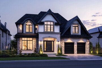 This elegant modern house, infused with traditional influences, is beautifully illuminated in the evening, standing out on a tranquil suburban street