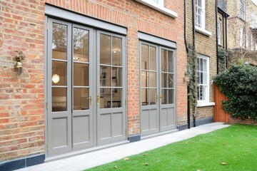 Obraz premium Graceful grey double doors swing wide, revealing a beautifully manicured garden that enhances the charm of a lovely brick house, all bathed in the warm glow of late afternoon light