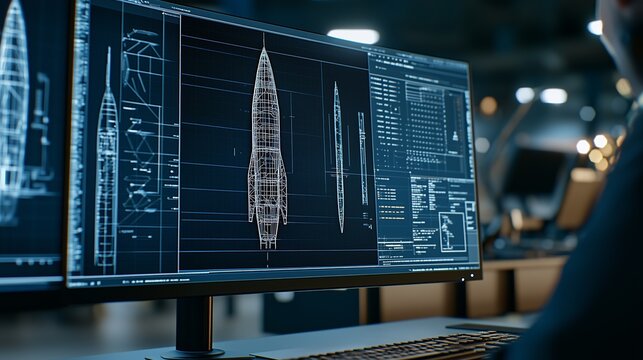 Engineer designing advanced rocket blueprint on widescreen monitor within shadowy aerospace workspace, concentrating on detailed cad software rendering