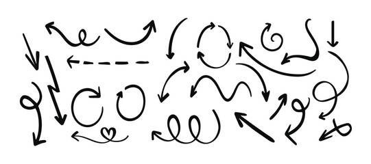 Set of simple lines hand drawn black arrows in various style. Set of simple of hand drawn black arrows. Set of simple lines hand drawn black arrows. Various of simple lines arrows collection