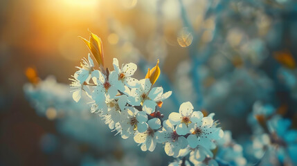 A close-up of delicate white flowers illuminated by soft sunlight.