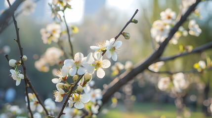 A close-up of blossoming white flowers on a branch, illuminated by soft sunlight.
