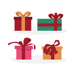 Vector set of different colorful Christmas gift boxes isolated on white background. Modern mid century clip art of present boxes in red, green, pink and gold colors.
