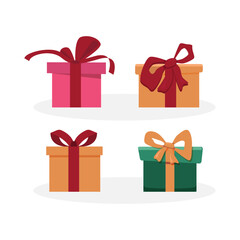 Gift boxes icons set. Collection of colorful gift boxes with ribbon bow on white background. Holiday presents. Vector illustration.