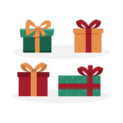 Gift boxes set. Holiday presents wrapped in festive paper wrapping, decorated with ribbon bows, strings and twines. Christmas giftboxes. Flat vector illustrations isolated on white background.