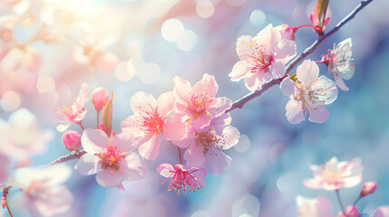 Obraz premium A serene close-up of cherry blossom flowers with soft pastel colors and a dreamy background.