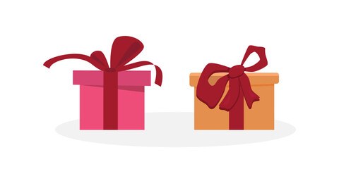 Gift boxes icons set. Collection of colorful gift boxes with ribbon bow on white background. Holiday presents. Vector illustration.