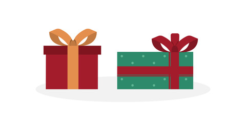 Vector set of different colorful Christmas gift boxes isolated on white background. Modern mid century clip art of present boxes in red, green, pink and gold colors.