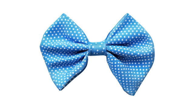 Blue bow tie with white polka dots on transparent background