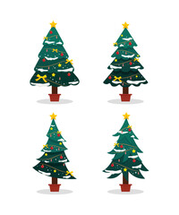 Set of Christmas trees of different shapes with garlands, balls and toys. Vector Christmas trees in flat style on white background.	
