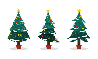 Vector set of cartoon Christmas trees, pines for greeting card, invitation,banner, web. New Years and xmas traditional symbol tree with garlands, light bulb, star. Winter holiday. Icons collection.
