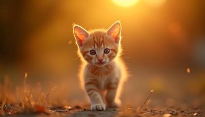 Adorable Ginger Kitten Walking in Sunset Golden Light