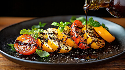 Fresh tomato and mozzarella salad with basil, drizzled with olive oil and balsamic vinegar, soft natural light in food photography
