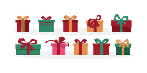 Gift boxes icons set. Collection of colorful gift boxes with ribbon bow on white background. Holiday presents. Vector illustration.