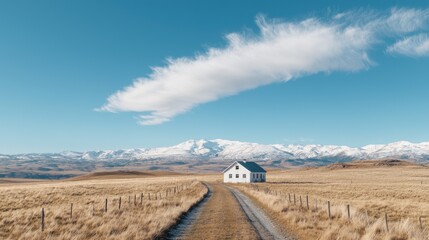 Rural house, scenic mountain view, gravel road, autumn landscape, travel photography