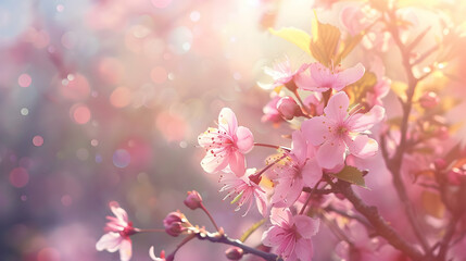 Naklejka premium Delicate pink cherry blossoms illuminated by soft light, creating a serene and dreamy atmosphere.