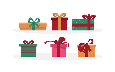 Gift boxes set. Holiday presents wrapped in festive paper wrapping, decorated with ribbon bows, strings and twines. Christmas giftboxes. Flat vector illustrations isolated on white background.