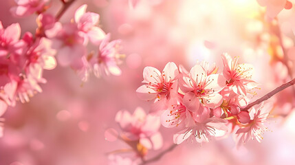 A close-up view of delicate pink cherry blossoms illuminated by soft light.