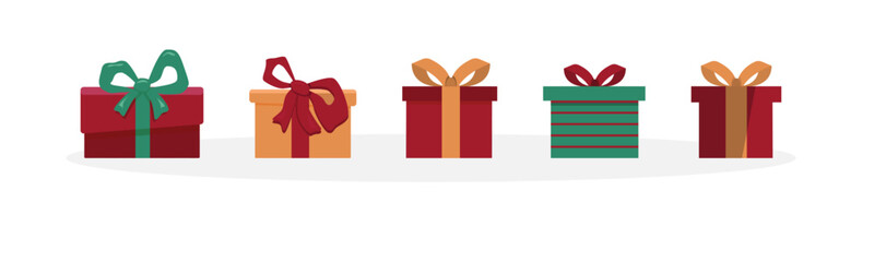Vector set of different colorful Christmas gift boxes isolated on white background. Modern mid century clip art of present boxes in red, green, pink and gold colors.