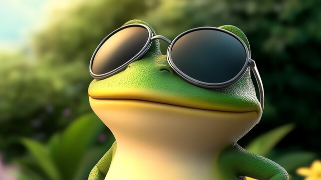 A cool frog wearing sunglasses, exuding a laid-back vibe amidst a lush, green background.