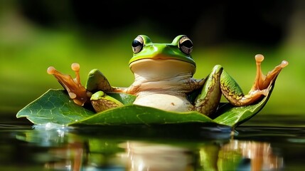 A green frog relaxes on a lily pad, floating serenely on a calm body of water, surrounded by lush greenery.