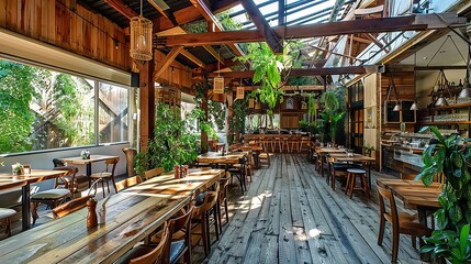 Thai restaurant with nature forest trees. Interior design. AI generated illustration